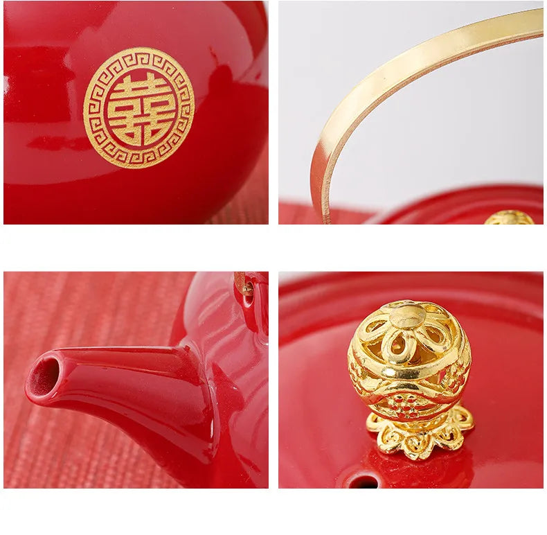 Red Ceramic Tea Set, Chinese Wedding Tea Set, Handmade Tea Pot Set, Special Customized Home Porcelain Beauty Tea Cup Set