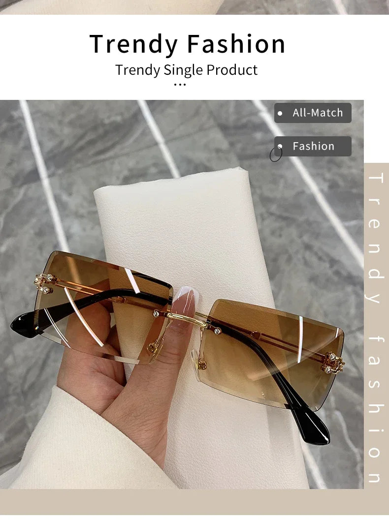 Vintage Fashion Rimless Sunglasses for Women Frameless Rectangle Shades Gradient UV400 Summer Traveling Sun Glasses for Womenn