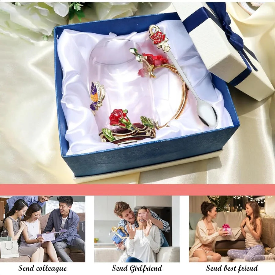 Flower Tea Cup Butterfly Rose Clear Glass Fancy Coffee Mug with Spoon Gift Box for Her Mom Wife Grandma Girls Friends Valentine