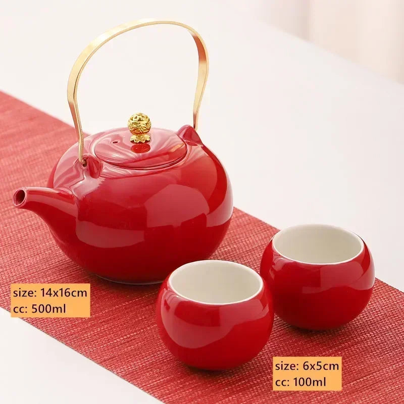 Red Ceramic Tea Set, Chinese Wedding Tea Set, Handmade Tea Pot Set, Special Customized Home Porcelain Beauty Tea Cup Set