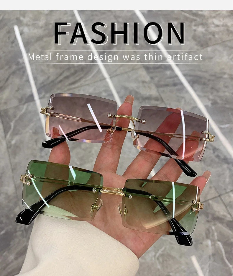 Vintage Fashion Rimless Sunglasses for Women Frameless Rectangle Shades Gradient UV400 Summer Traveling Sun Glasses for Womenn