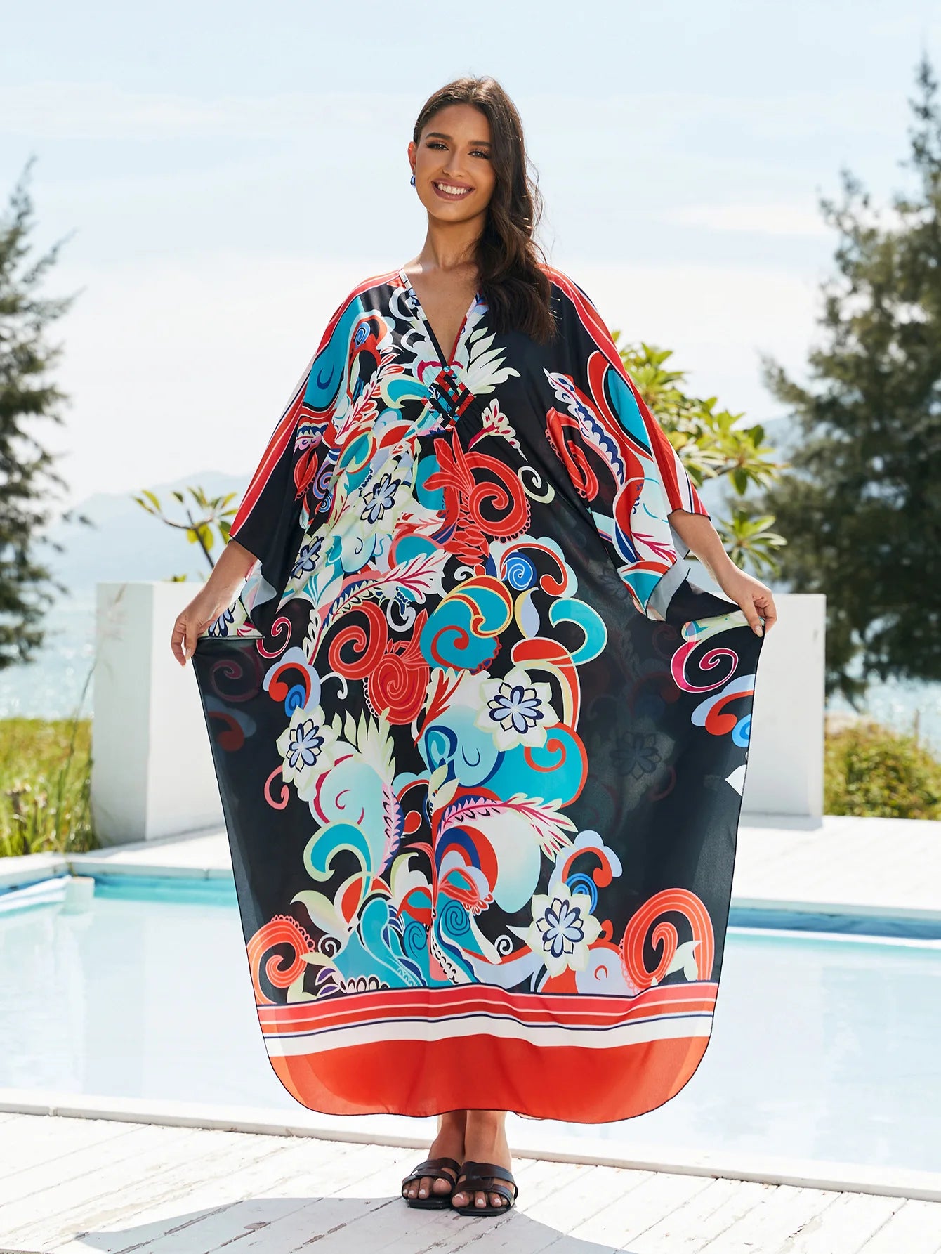 Kaftan Dresses for Women Plus Size Batwing Sleeve Caftans Long Bathing Suit Cover Up Maxi Beach Dress Loungewear