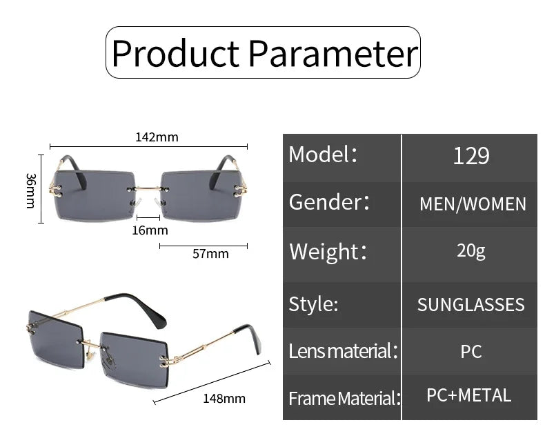 Vintage Fashion Rimless Sunglasses for Women Frameless Rectangle Shades Gradient UV400 Summer Traveling Sun Glasses for Womenn