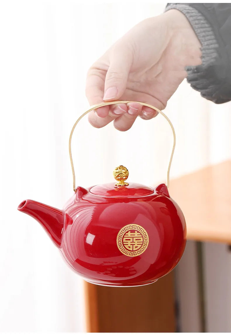 Red Ceramic Tea Set, Chinese Wedding Tea Set, Handmade Tea Pot Set, Special Customized Home Porcelain Beauty Tea Cup Set