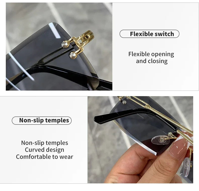 Vintage Fashion Rimless Sunglasses for Women Frameless Rectangle Shades Gradient UV400 Summer Traveling Sun Glasses for Womenn