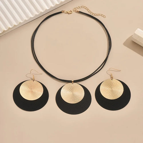 3pc/set Large Round Earrings Collar Necklace Set for Women Exaggerated PU Rope Chains Metal Geometric Pendant Necklace Jewelry