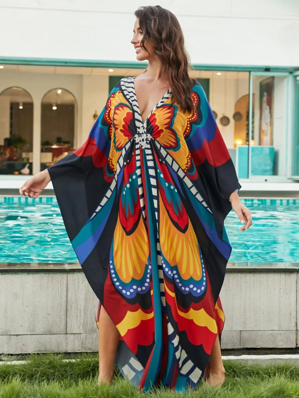 Women Ethnic Print Kaftan Beach Dress Bathing Suit Plus Size Swimsuit Cover Up Beachwear