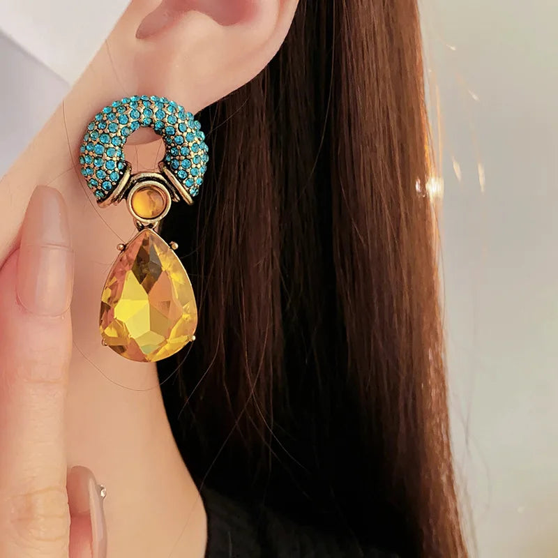 Rhinestone Circle Water Drop Metal Vintage Dangle Earrings for Women Personality Exquisite New in Earring 2024 Aesthetic Jewelry
