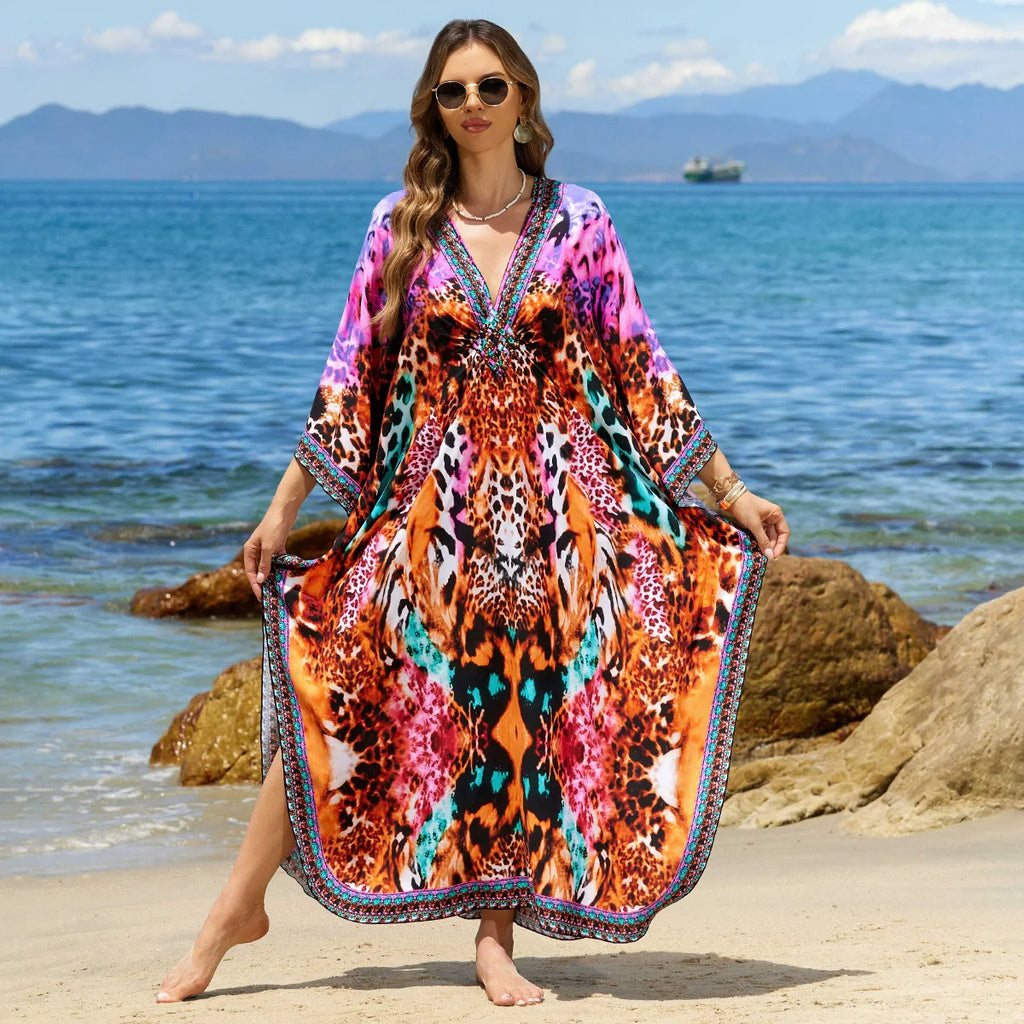 Beach Kaftans for Women Colorful Leopard Printed Cover Ups for Swimwear Hand Woven Summer Vacation Bathing Suits Hot Sales