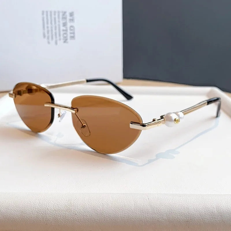 Trendy Rimless Sunglasses Women Luxury Pearl Sun Glasses For Women Fashion UV400 Driving Shades Frameless Gradient Eyewear