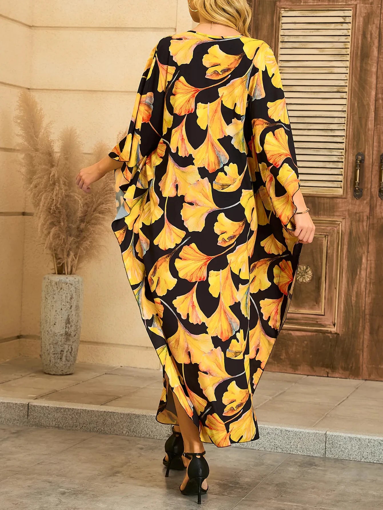 Women Kaftan Dresses Plus Size V-Neck Batwing Sleeves Beach Cover Up Summer Floral Print Caftan Dress