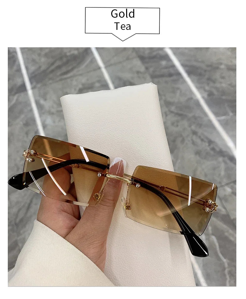Vintage Fashion Rimless Sunglasses for Women Frameless Rectangle Shades Gradient UV400 Summer Traveling Sun Glasses for Womenn