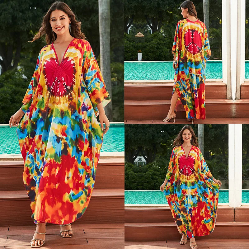Women Ethnic Print Kaftan Beach Dress Bathing Suit Plus Size Swimsuit Cover Up Beachwear