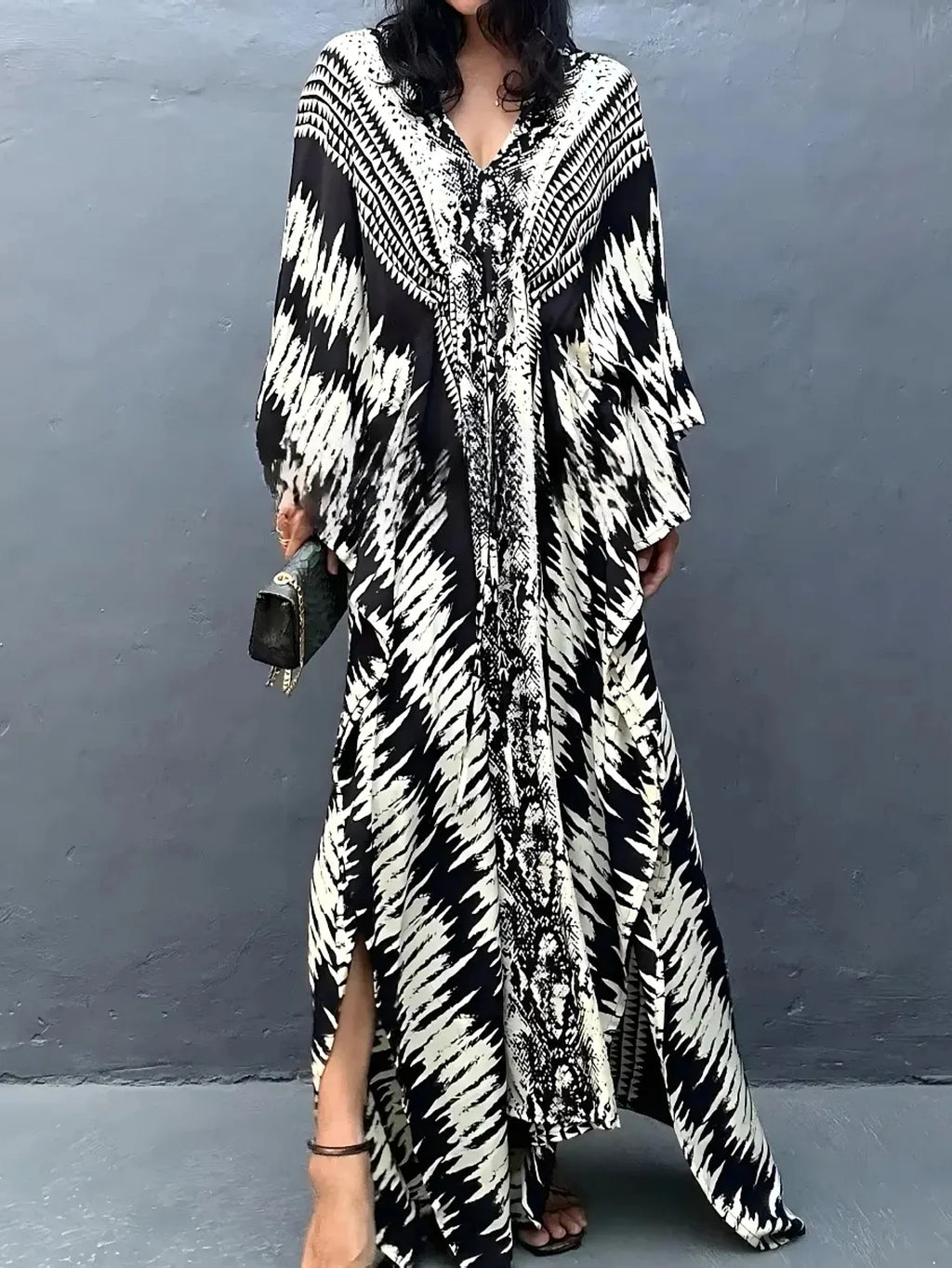 MAKABO Kaftan Dresses for Women, V Neck Moo Moos Colorful Print Cover Ups Caftan Beach Dresses for Swimwear