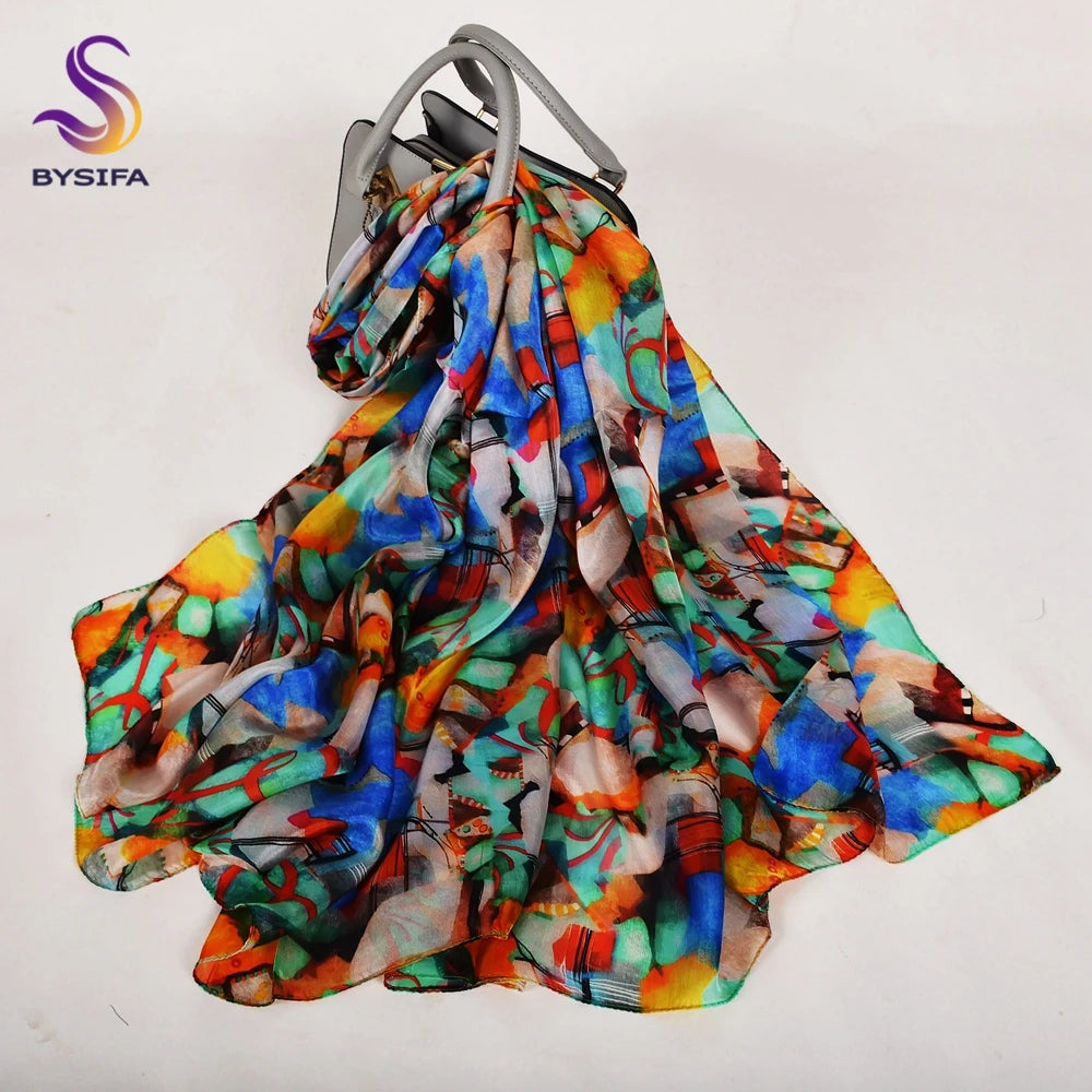 [BYSIFA] New Blue Green Silk Scarf Shawl Women Fashion Brand 100% Pure Silk Long Scarves Autum Winter Warm Neck Head Scarf Hijab