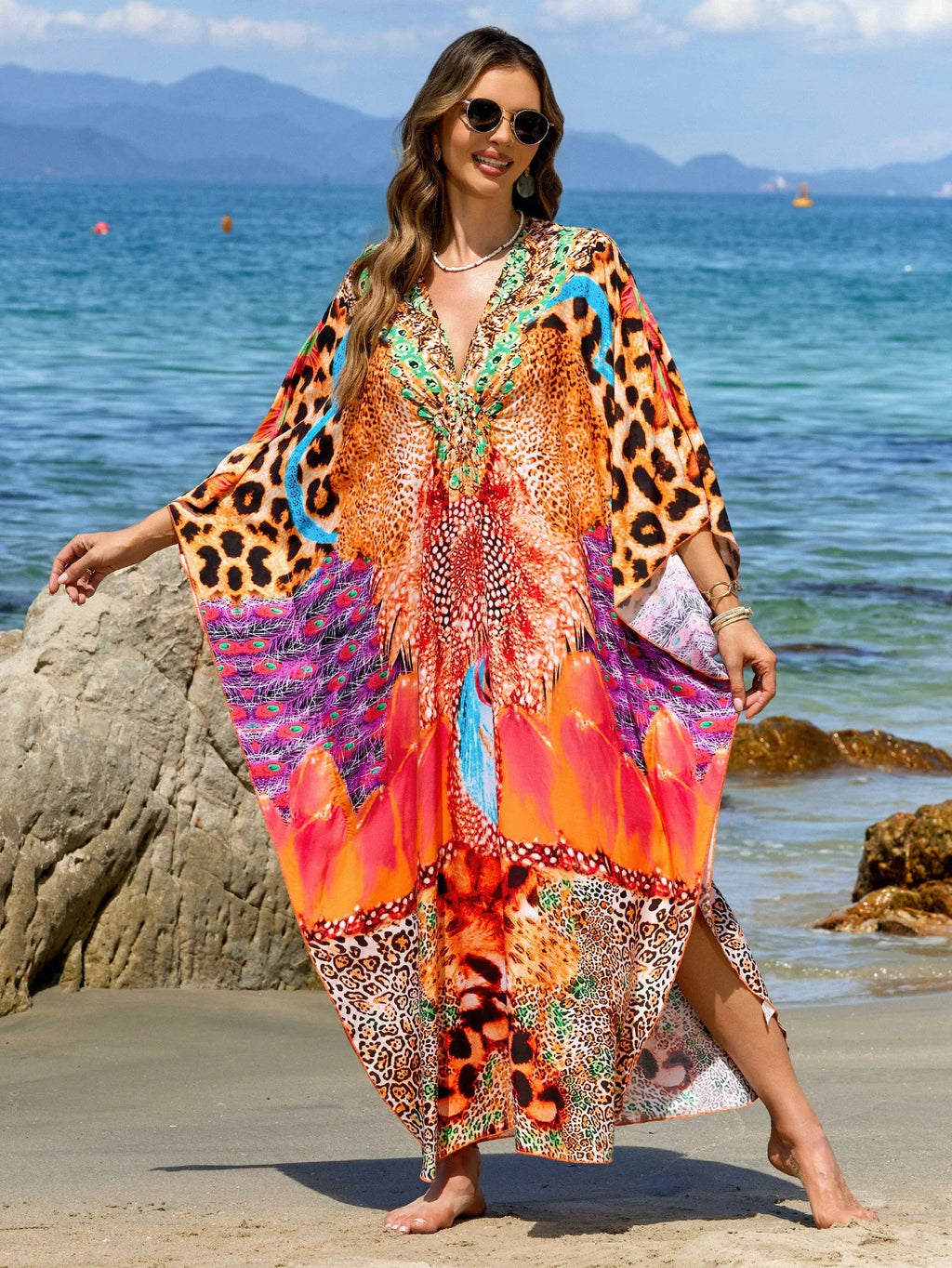 Beach Dresses Leopard Printed Kaftans for Women Hand Woven Cover Ups for Swimwear Factory Supply