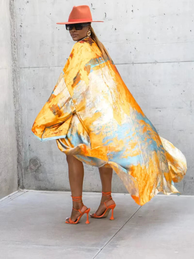 Women's Kaftan Robe Ethnic Style Printed Cardigan Kimono Outer Wear Simulated Silk Printed Fashion Casual Poncho Plus Size Dress