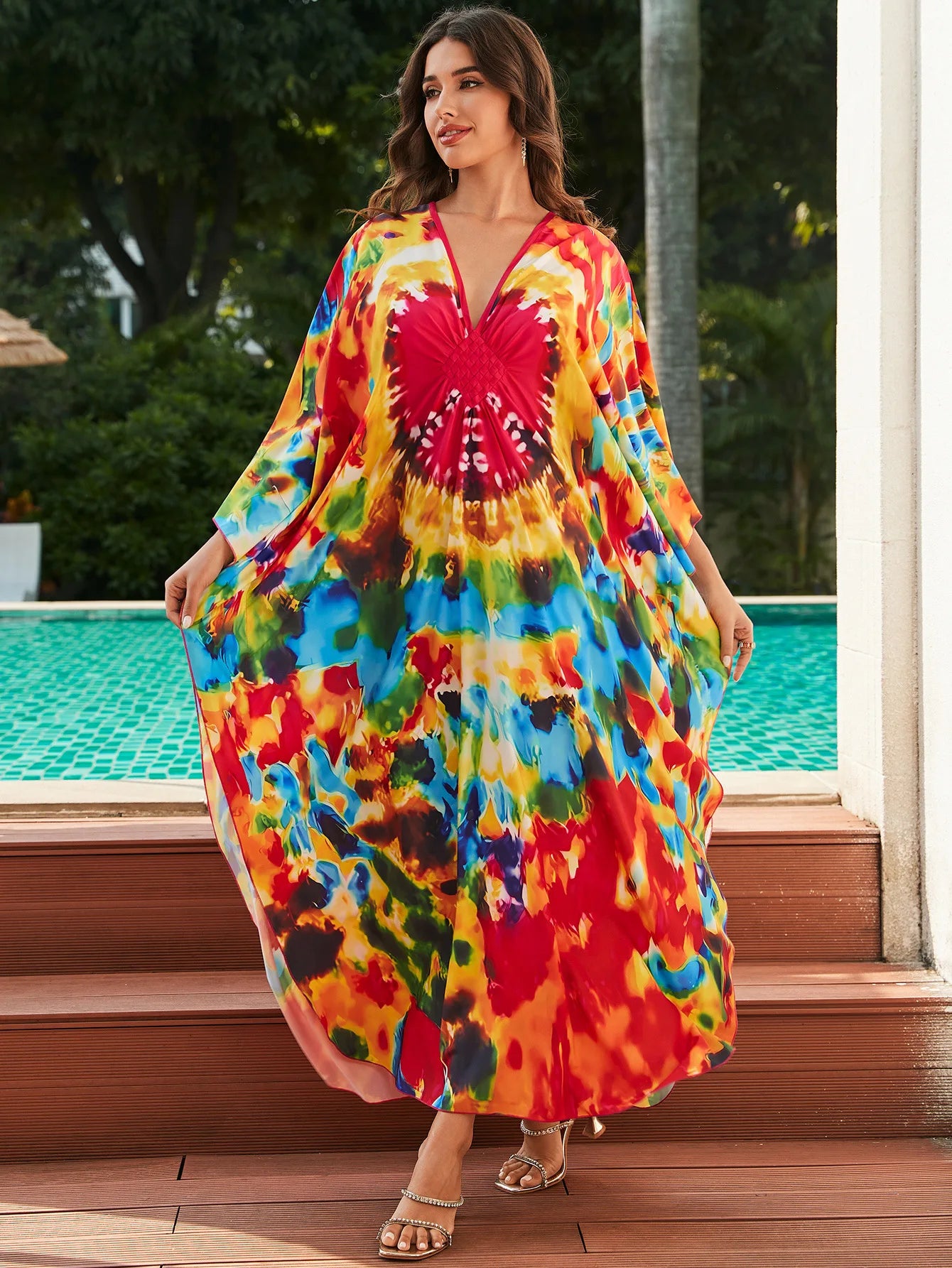Kaftan Dresses for Women Plus Size Batwing Sleeve Caftans Long Bathing Suit Cover Up Maxi Beach Dress Loungewear
