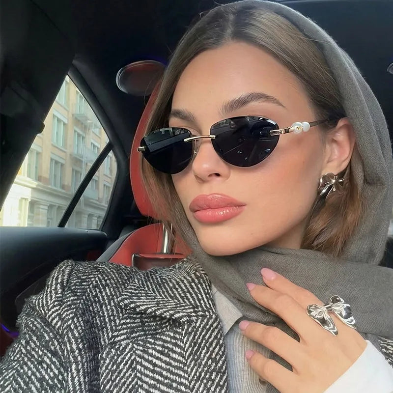 Trendy Rimless Sunglasses Women Luxury Pearl Sun Glasses For Women Fashion UV400 Driving Shades Frameless Gradient Eyewear