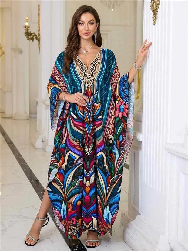 New 2025 Women's Cotton Beach Cover up Loose Kimono Sle Printed Sarong Swimwear Beach Coat Cross-Border Sports Fitn