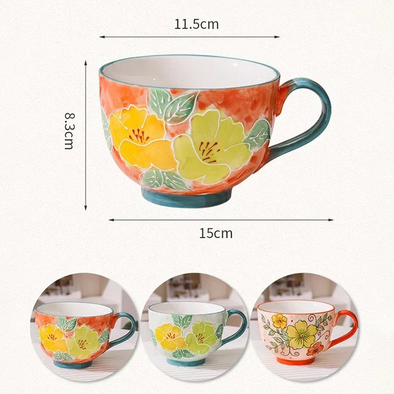 500ML Ceramic Coffee Mugs Large Capacity Hand-painted Relief Breakfast Cup Milk Oat Flower Tea Cups Creative Drinking Water Mug