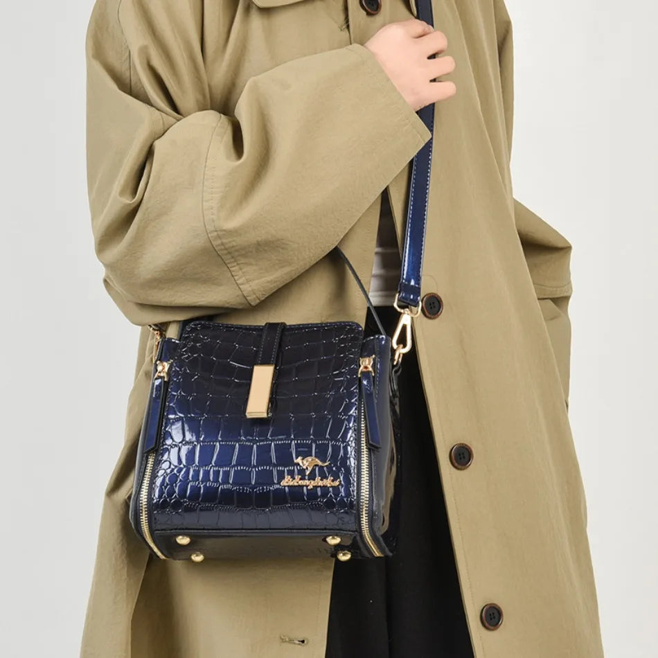 Women's Glossy Crocodile Embossed Patent Leather Bucket Bag Casual Top Handle Crossbody Shoulder Handbag for Daily Commute Sac