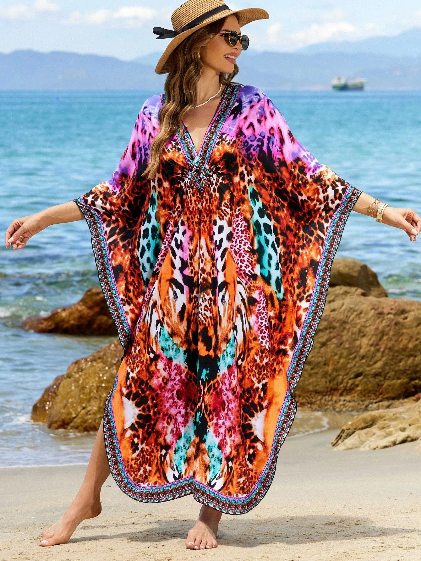 Beach Kaftans for Women Colorful Leopard Printed Cover Ups for Swimwear Hand Woven Summer Vacation Bathing Suits Hot Sales