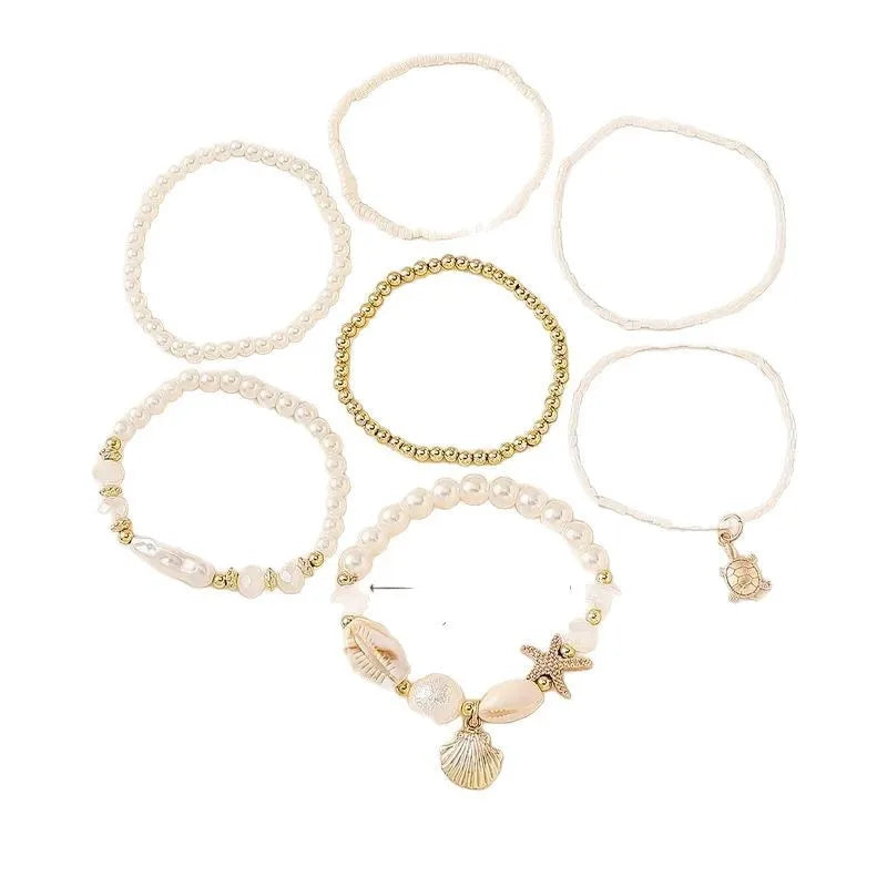 Bohemian Multi-layer Beaded Bracelet Set with Shell Starfish Turtle Pendants Faux Pearl Beachy Bracelets for  Summer Jewelry.