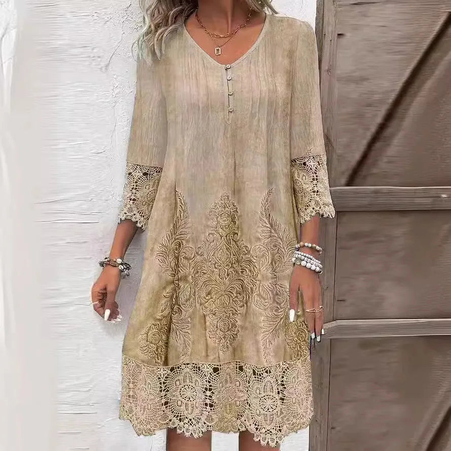 New Solid Color Lace Dress Spring Summer Women Fashion V-neck Button Loose Office Casual Dresses Female Holiday Robe Femme