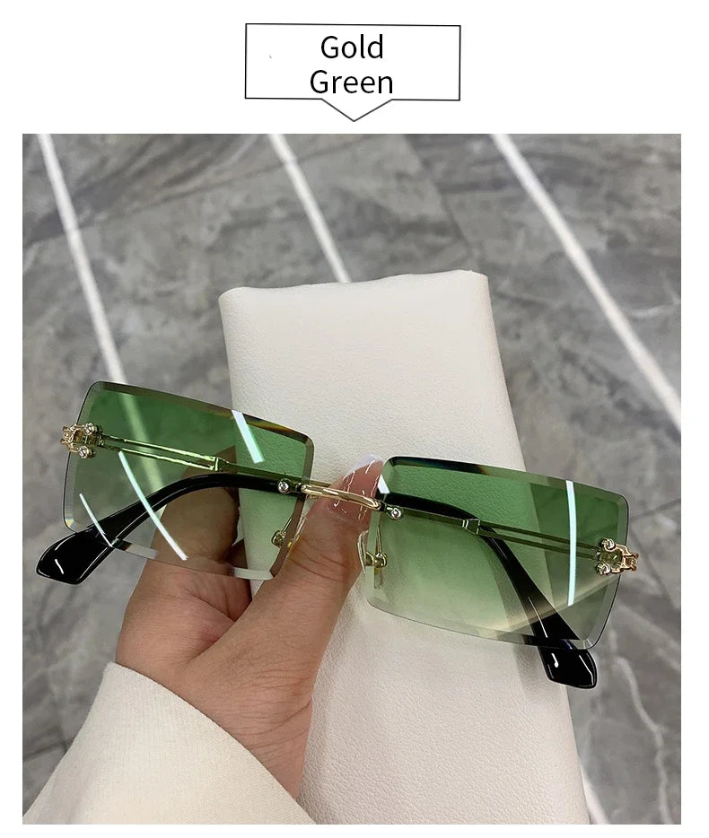 Vintage Fashion Rimless Sunglasses for Women Frameless Rectangle Shades Gradient UV400 Summer Traveling Sun Glasses for Womenn