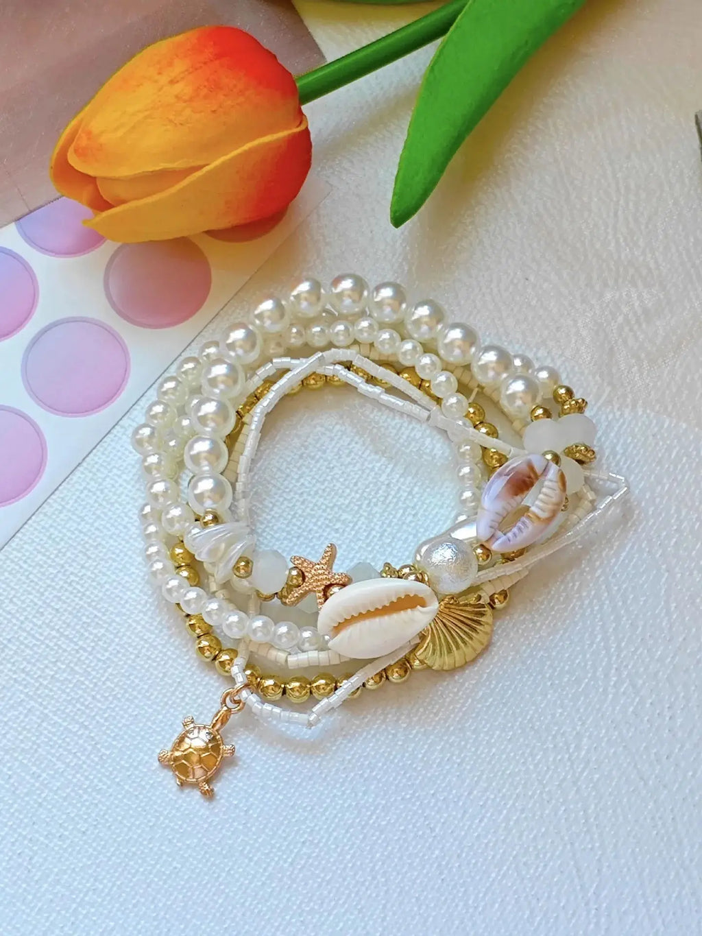 Bohemian Multi-layer Beaded Bracelet Set with Shell Starfish Turtle Pendants Faux Pearl Beachy Bracelets for  Summer Jewelry.