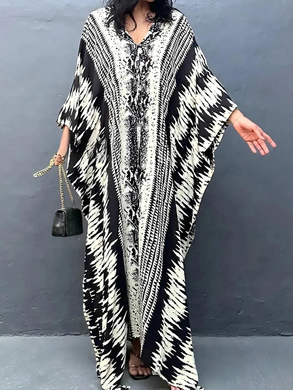 MAKABO Kaftan Dresses for Women, V Neck Moo Moos Colorful Print Cover Ups Caftan Beach Dresses for Swimwear