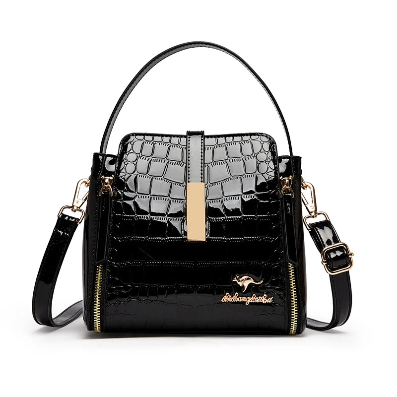 Women's Glossy Crocodile Embossed Patent Leather Bucket Bag Casual Top Handle Crossbody Shoulder Handbag for Daily Commute Sac