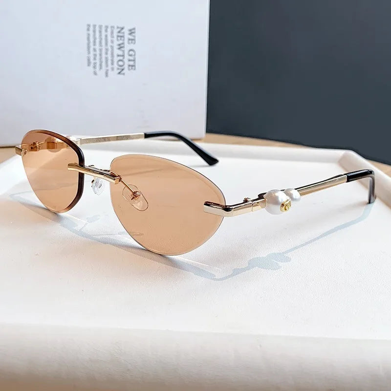 Trendy Rimless Sunglasses Women Luxury Pearl Sun Glasses For Women Fashion UV400 Driving Shades Frameless Gradient Eyewear
