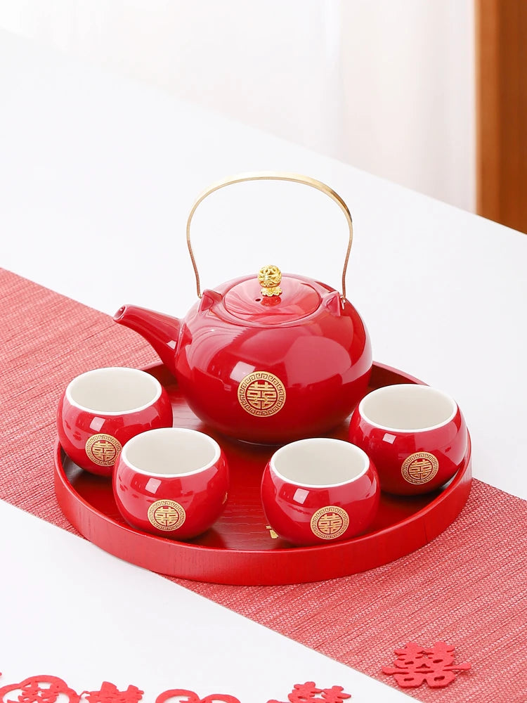 Red Ceramic Tea Set, Chinese Wedding Tea Set, Handmade Tea Pot Set, Special Customized Home Porcelain Beauty Tea Cup Set
