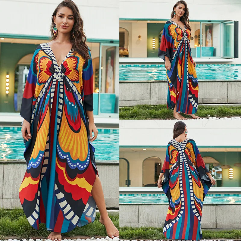 Women Ethnic Print Kaftan Beach Dress Bathing Suit Plus Size Swimsuit Cover Up Beachwear