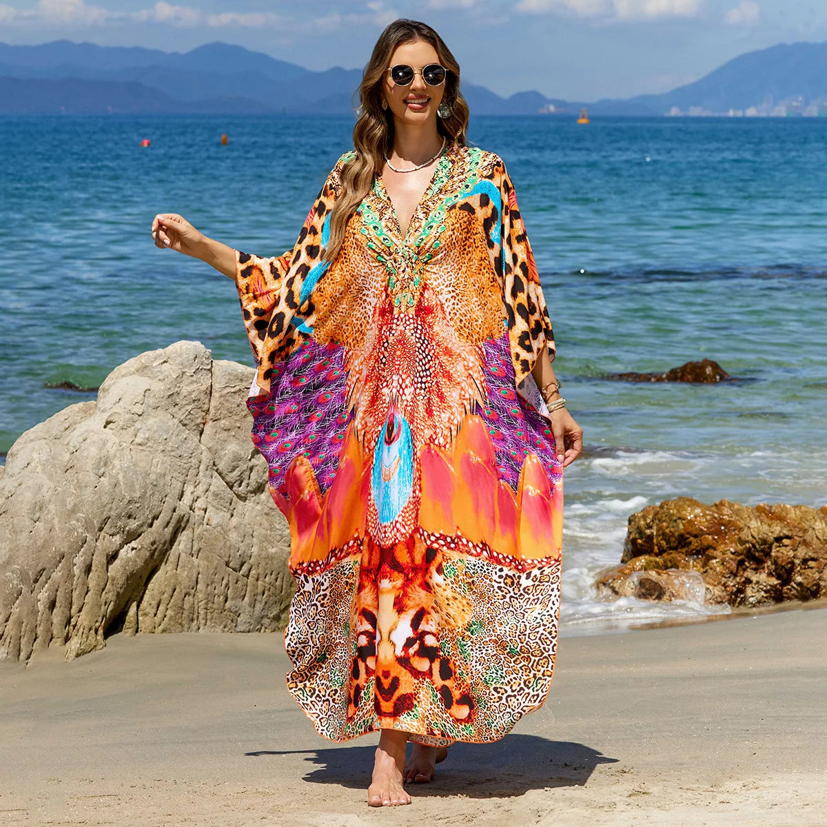 Beach Dresses Leopard Printed Kaftans for Women Hand Woven Cover Ups for Swimwear Factory Supply