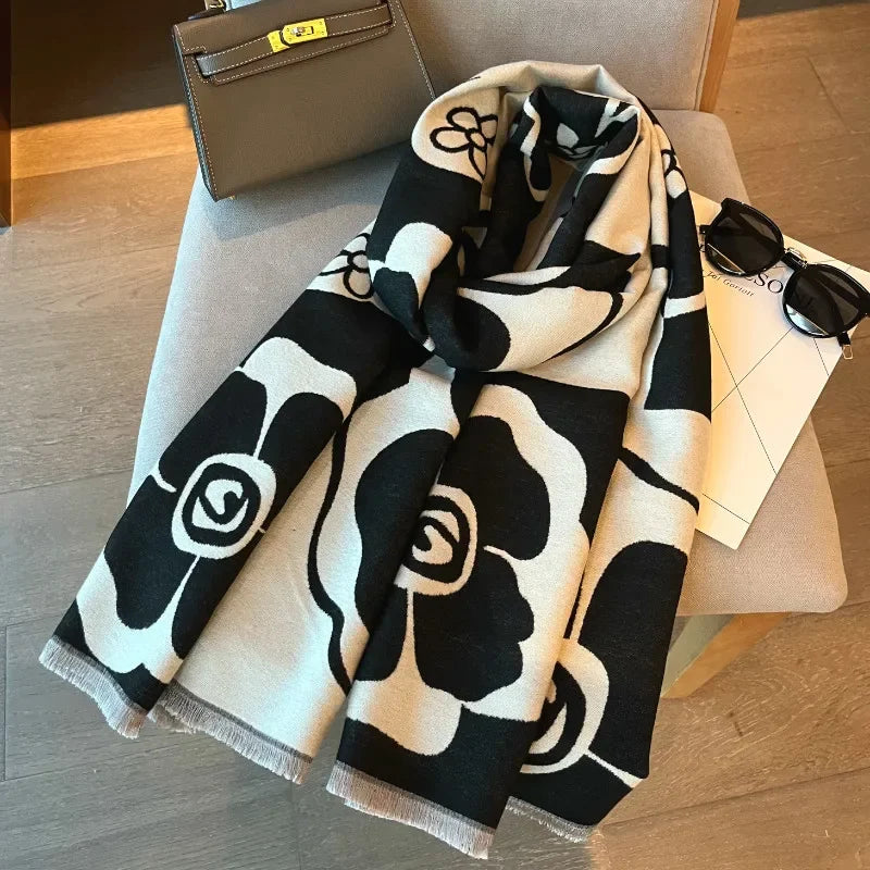 Elegant Women Flowers Soft Acrylic Cashmere Scarf Shawl Autumn Winter Neckerchief Spring Summer Travel Cape Long