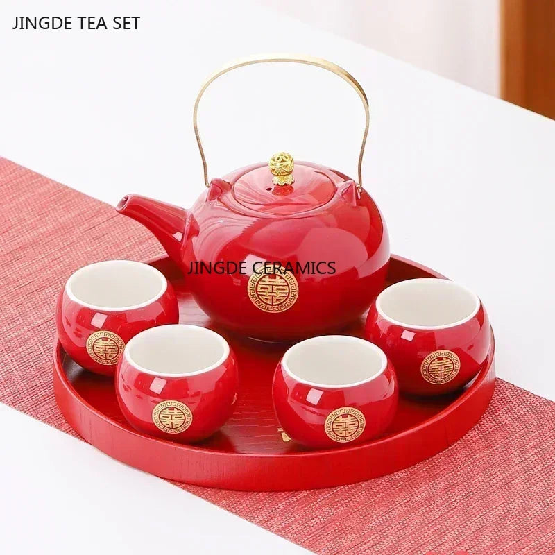 Red Ceramic Tea Set, Chinese Wedding Tea Set, Handmade Tea Pot Set, Special Customized Home Porcelain Beauty Tea Cup Set
