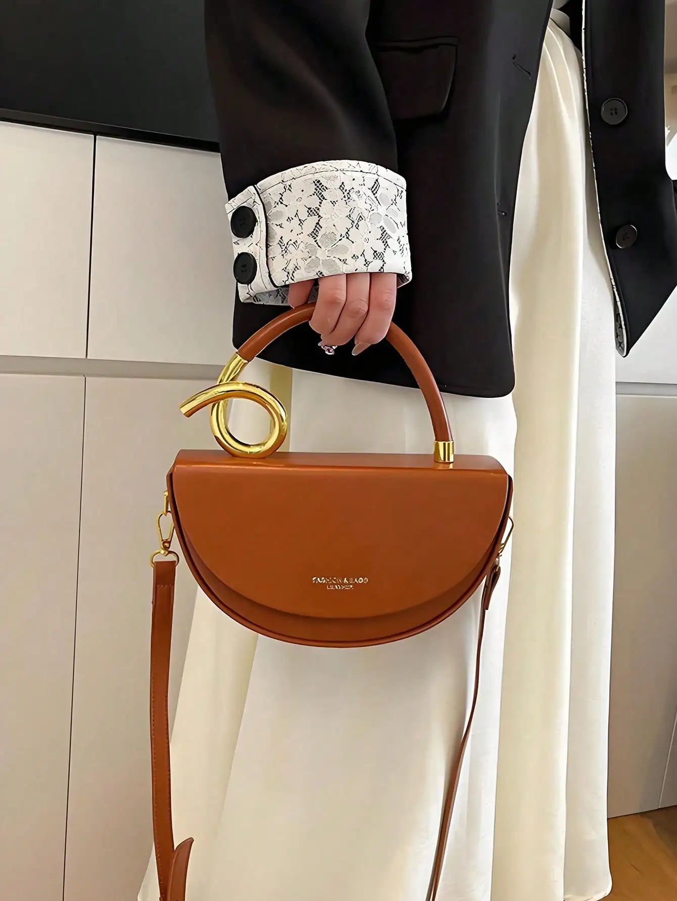 Brown Saddle Bag with Gold Twist Handle, Vegan Leather Top-Handle Crossbody for Daily Use