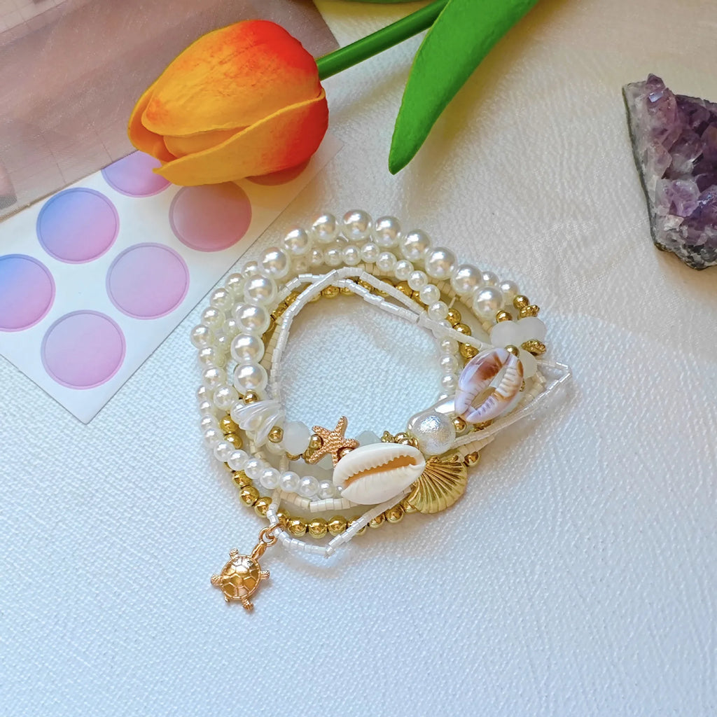Bohemian Multi-layer Beaded Bracelet Set with Shell Starfish Turtle Pendants Faux Pearl Beachy Bracelets for  Summer Jewelry.