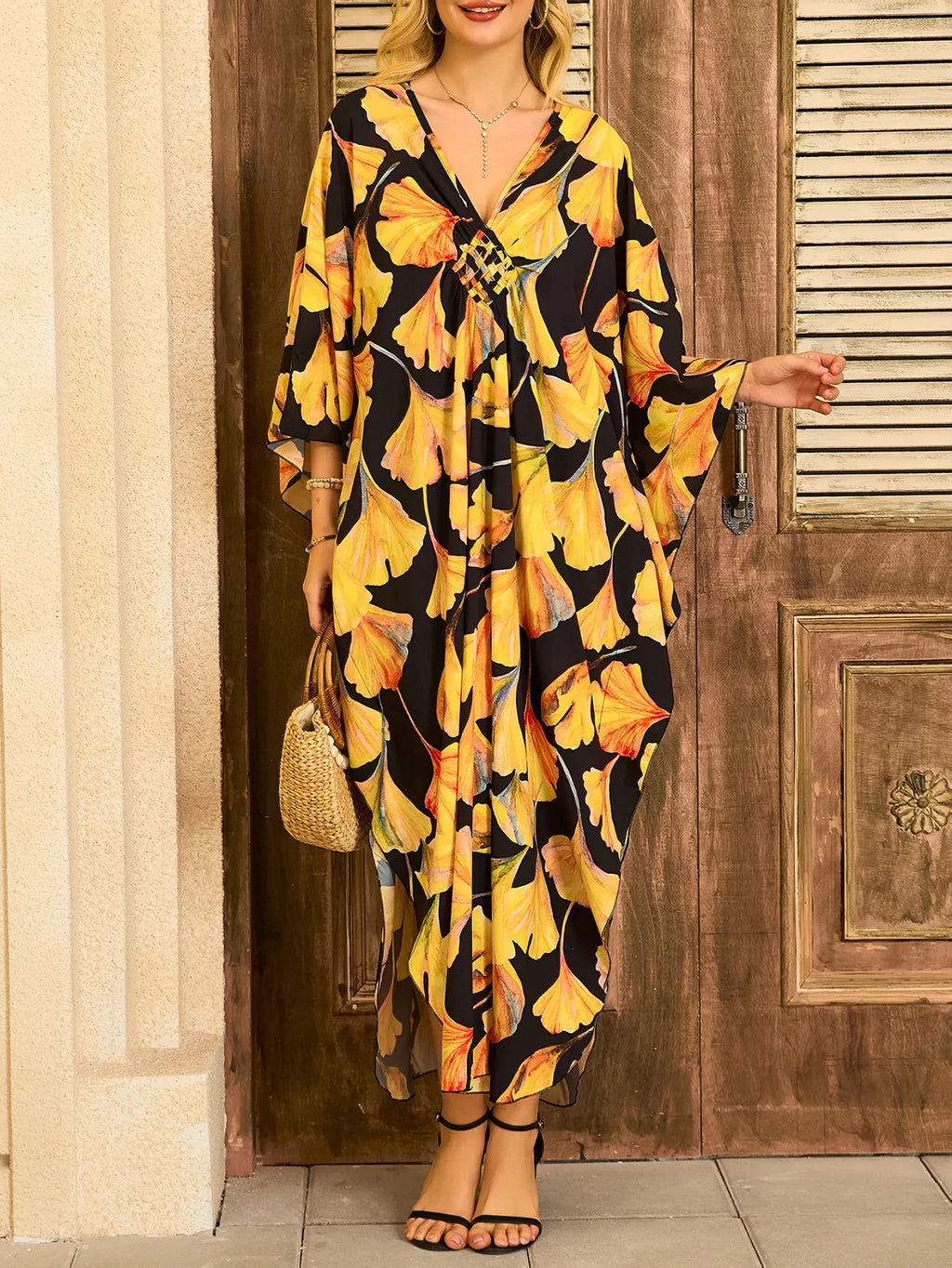 Women Kaftan Dresses Plus Size V-Neck Batwing Sleeves Beach Cover Up Summer Floral Print Caftan Dress