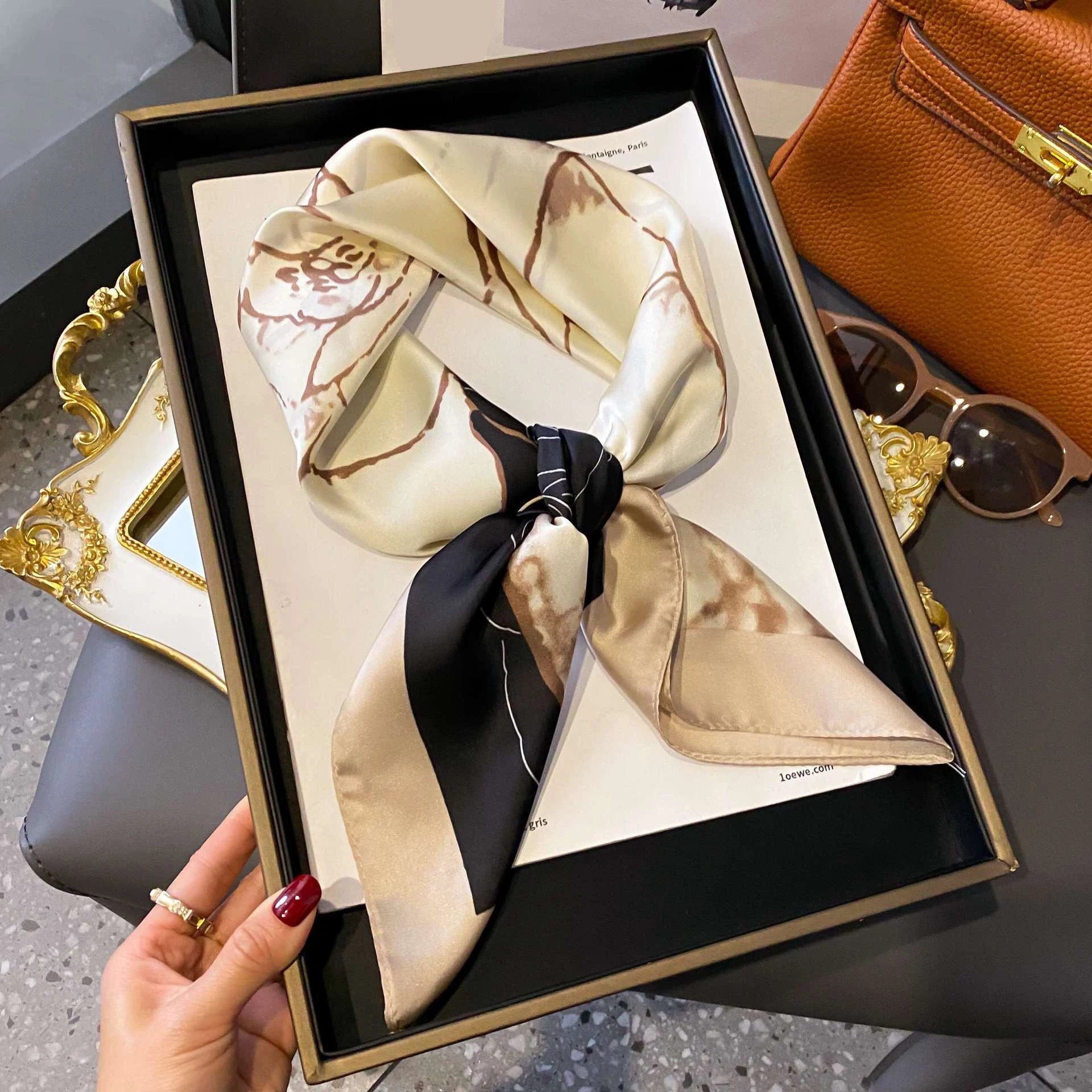 Luxury Brand Women Leopard Print Square Hijab Scarf Soft Satin Silk-like Small Neck Scarf Stylish Casual Headscarf