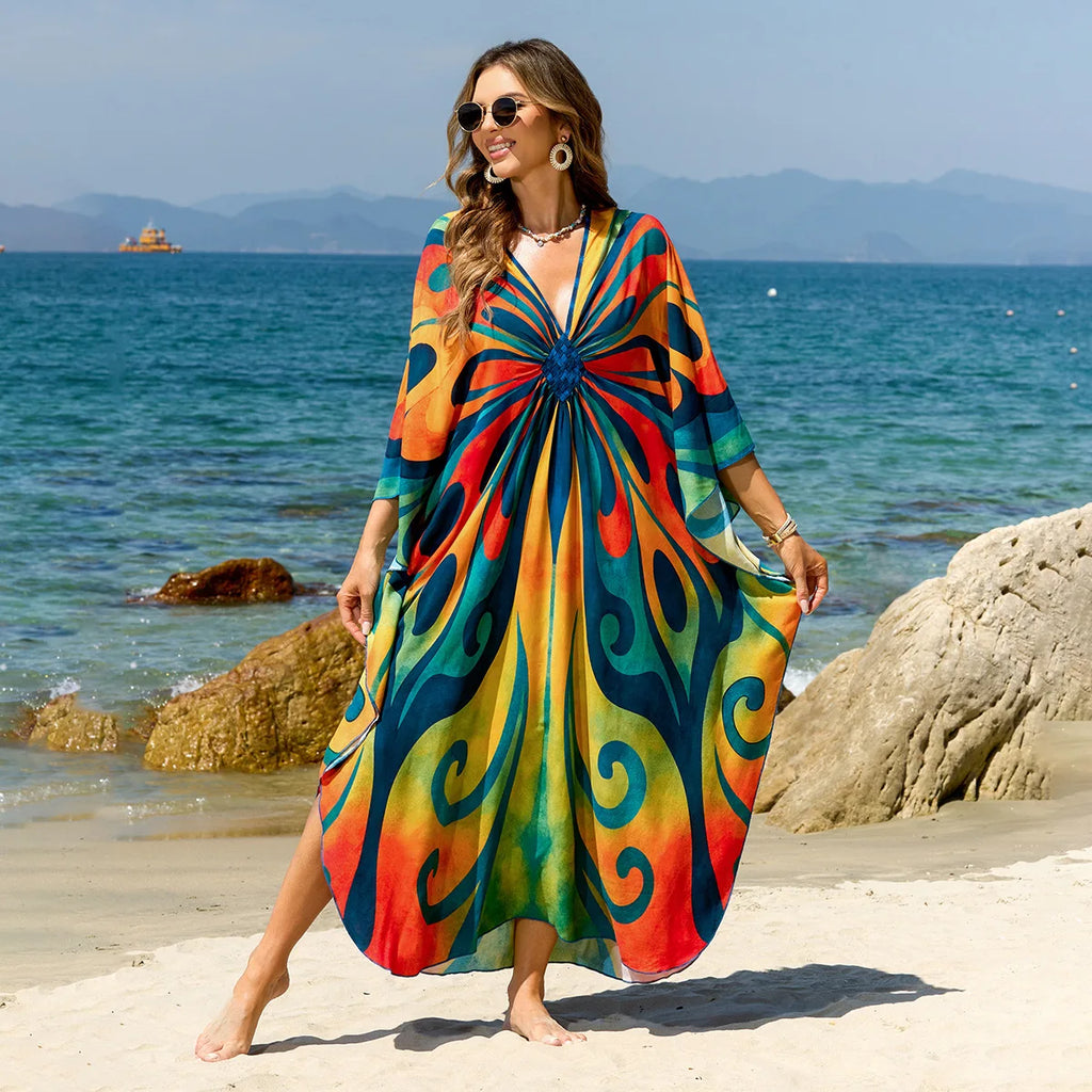 Caftans for Women Summer Beach Kaftan Dresses Tie Dye Printed Hand Woven Cover Ups for Swimwear Hot Sales