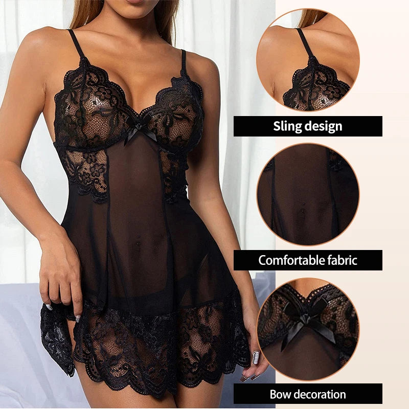 Women's Plus Size Lace Tight Fitting Clothes Sexy Transparent Pajamas Flower Lace Sheer Dress Sexy Mesh Fabric Dress Pajamas