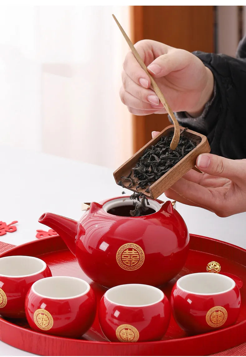 Red Ceramic Tea Set, Chinese Wedding Tea Set, Handmade Tea Pot Set, Special Customized Home Porcelain Beauty Tea Cup Set