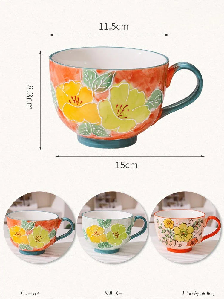 500ML Ceramic Coffee Mugs Large Capacity Hand-painted Relief Breakfast Cup Milk Oat Flower Tea Cups Creative Drinking Water Mug