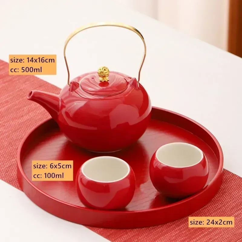 Red Ceramic Tea Set, Chinese Wedding Tea Set, Handmade Tea Pot Set, Special Customized Home Porcelain Beauty Tea Cup Set