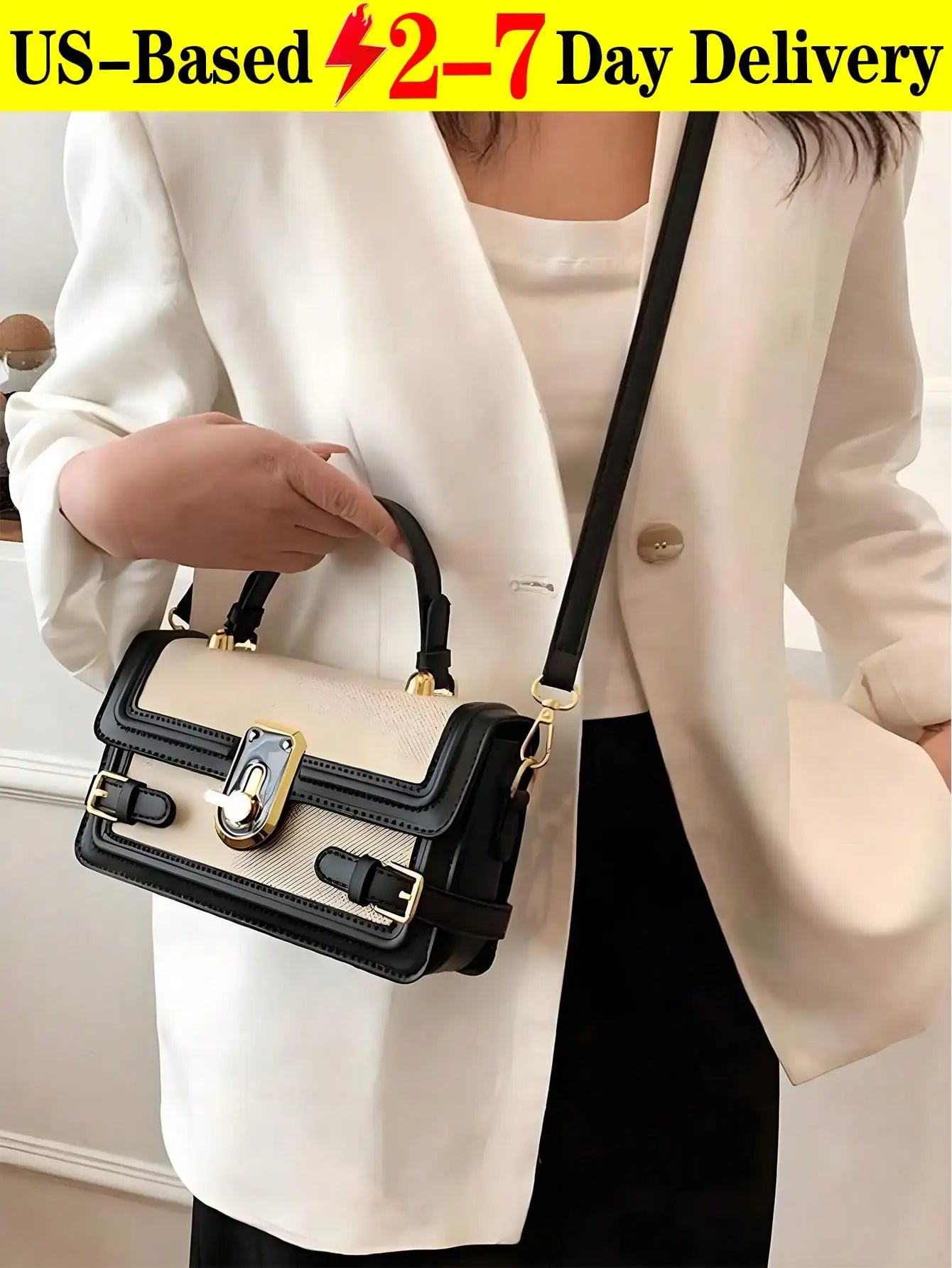 Structured Square Crossbody Bag with Gold-Tone Clasp and Adjustable Strap