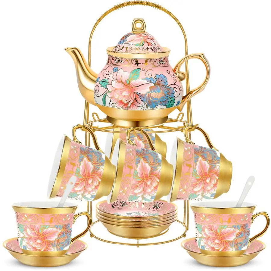 Pcs Porcelain Tea Set for Adults with Metal Holder and Spoon European Ceramic Tea Party Set Flower Painting Teapot Cup Saucer fo
